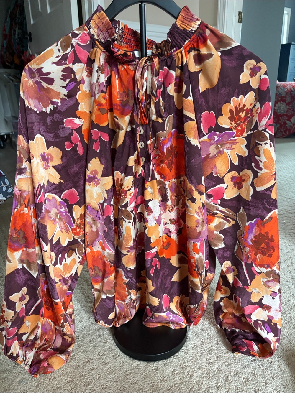 Women’s Floral Smocked-Neck Blouse - Plum Multi